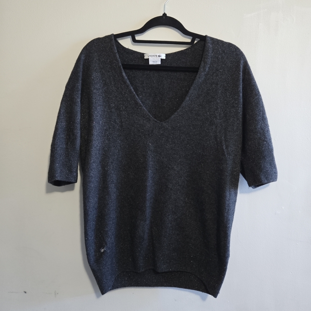 Lacoste Womens Sweater  Short Sleeve Metallic Wool Blend Gray Sparkles Large
